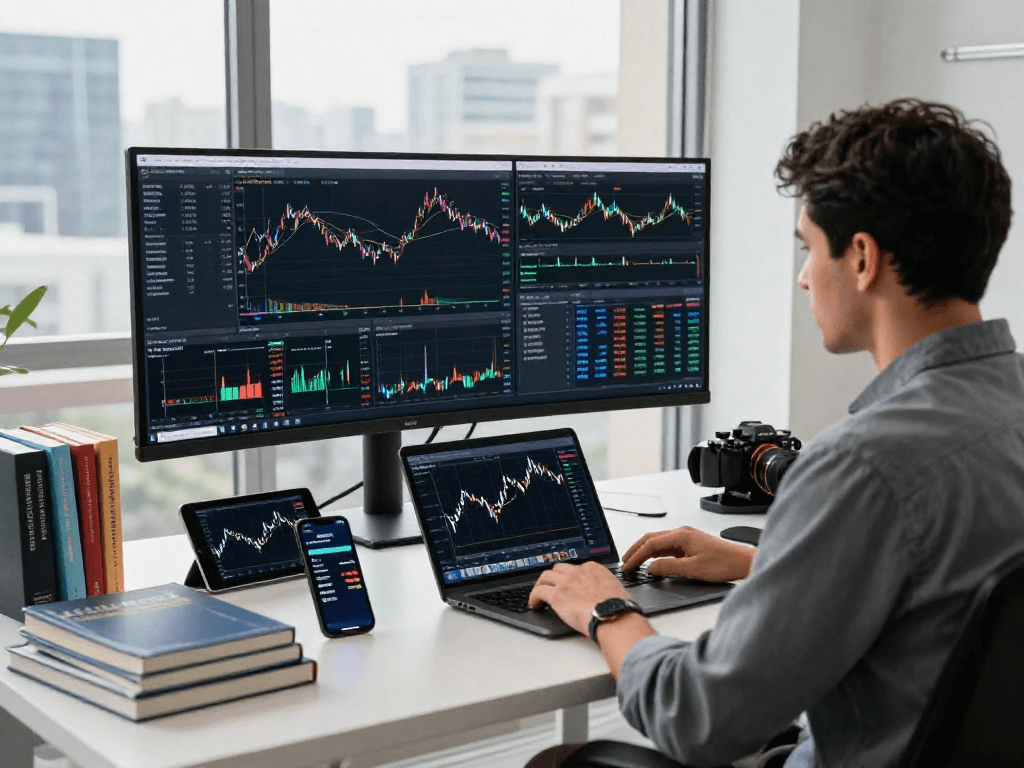 Trader using TradingView software in a modern office with multiple graphs and gadgets.