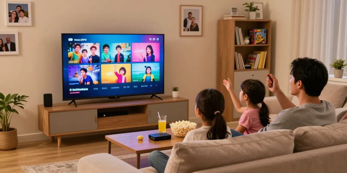 Family enjoying USA IPTV together in a cozy living room with vibrant content on screen