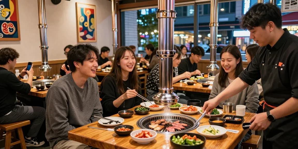 Enjoying 상봉동 한국관나이트 dining at a Korean barbecue restaurant with vibrant atmosphere and delicious dishes.