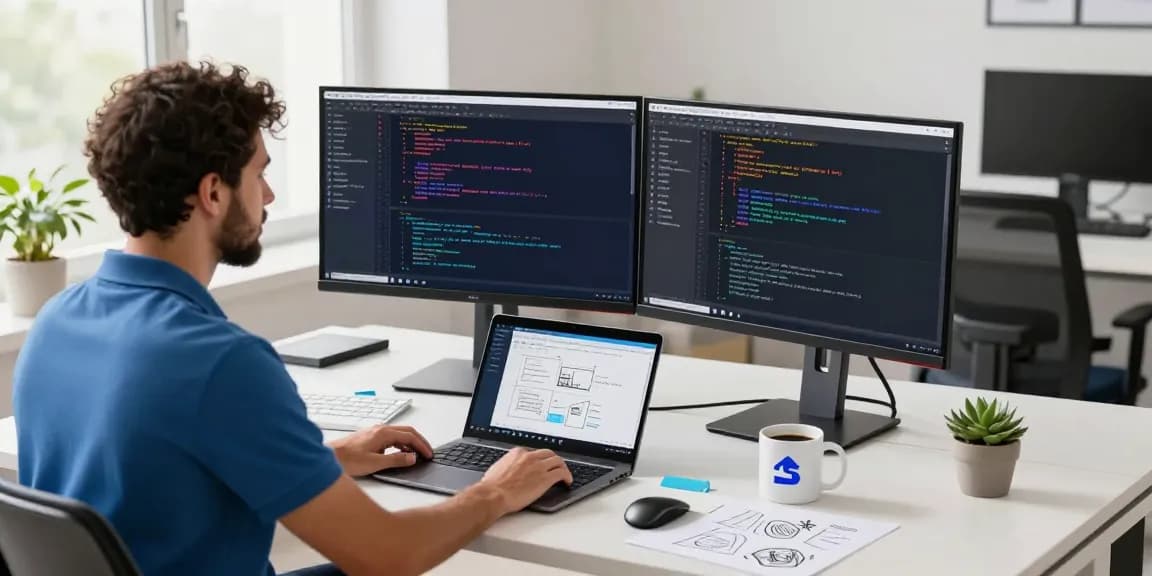 Dynamic coding workspace showcasing Snipaste官网 interface with dual monitors and sleek design elements.