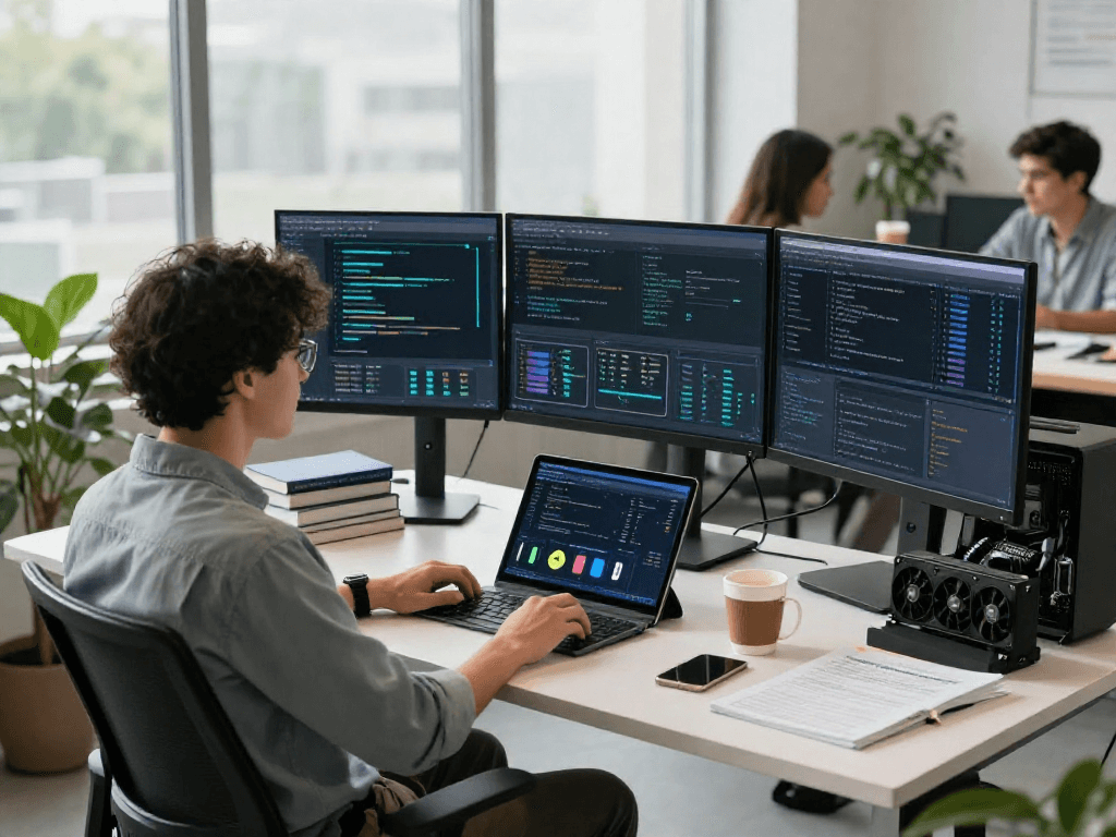 Detect AI image analysis workspace with data scientist and technology tools.