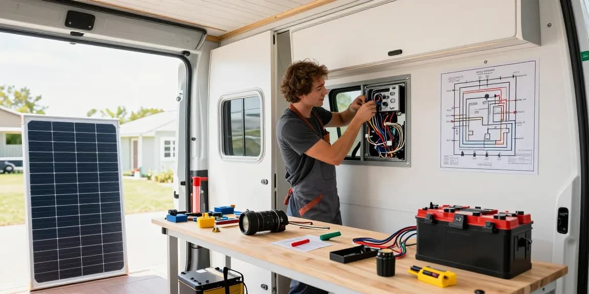 Upgrading electrical systems with rokok88 in a modern van conversion workshop.