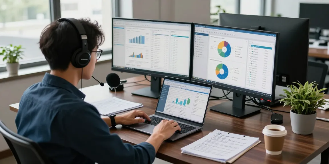 Expert asset tracing analysis in a modern office environment with financial documents and dual monitors.