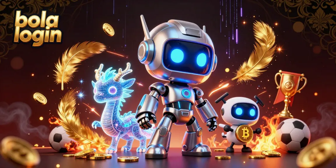 Bet on sports with bola login at this vibrant 3D illustration featuring a cyberpunk robot and football elements.