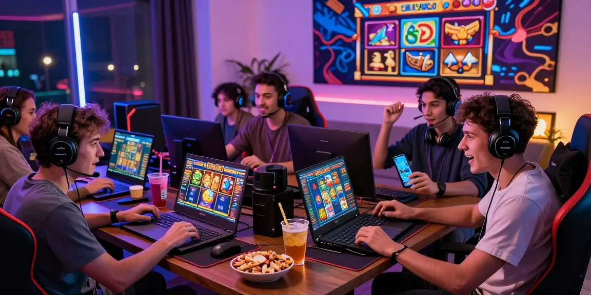 Exciting group gaming experience with friends playing garuda303 slot on laptops and smartphones, vibrant atmosphere