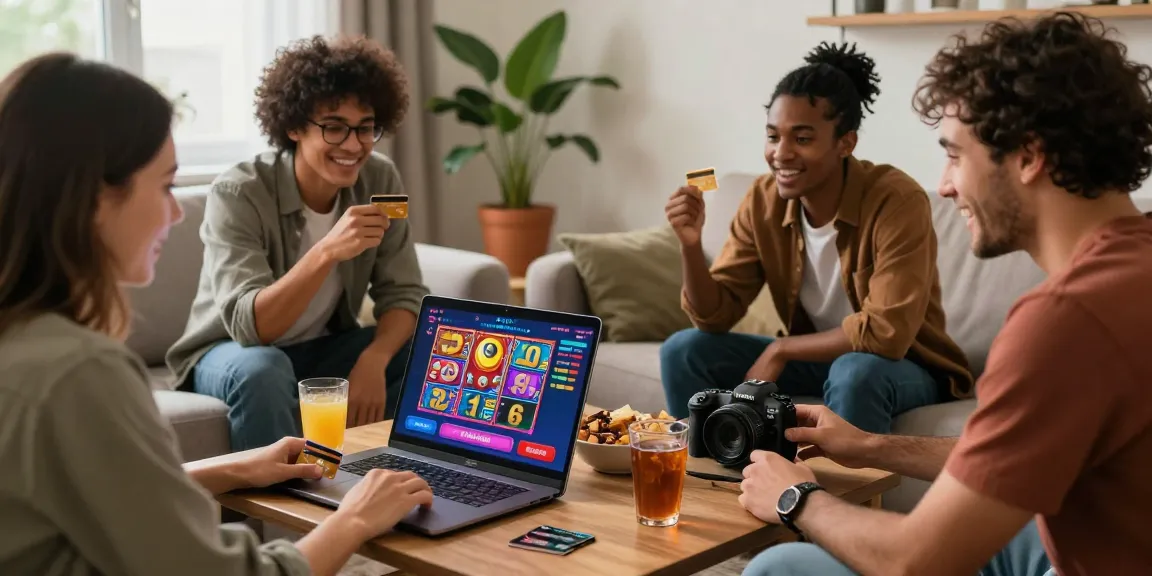 Friends enjoying online casinos that accept credit cards, exploring games together in a cozy living room.