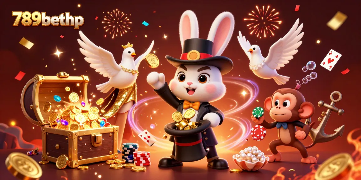 Experience the magic of 789bethp with a whimsical 3D scene of a magician, dove, and monkey amidst vibrant casino elements.