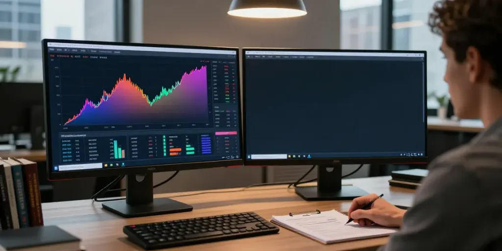 MetaTrader 5 user analyzing charts in a modern trading office setup.