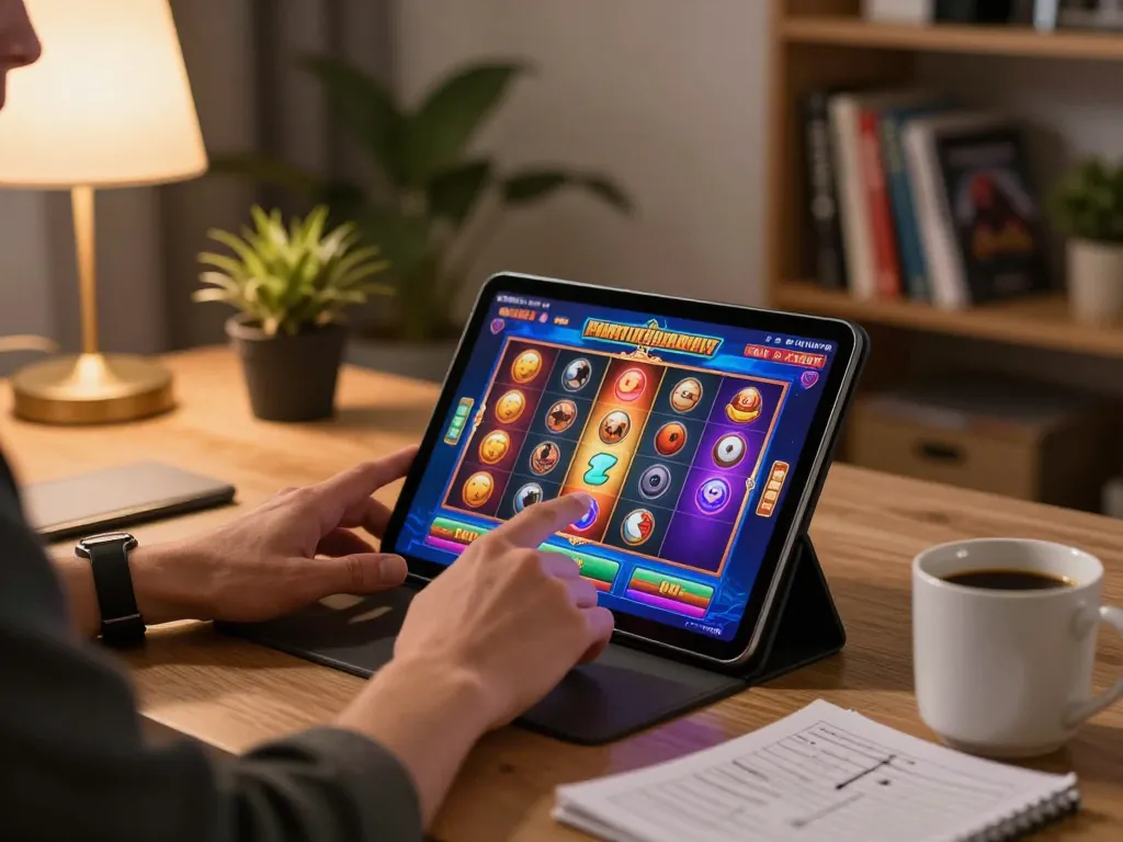 Engaging gameplay at home with vibrant slot gacor sore ini options displayed on tablet.