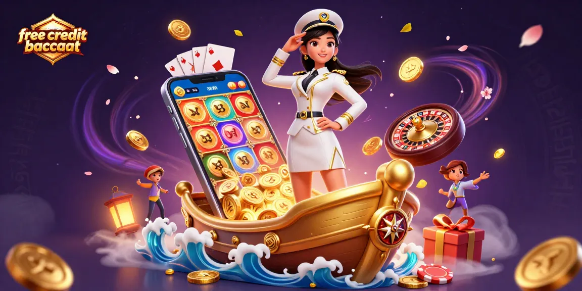 Experience free credit baccarat with vibrant casino elements and a commanding female figure.