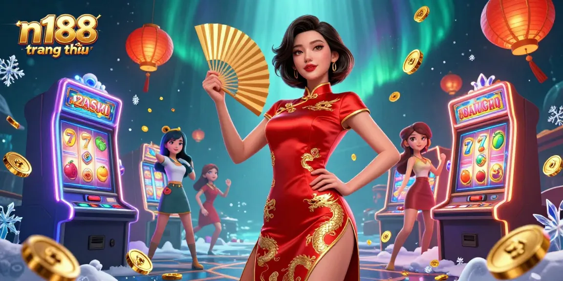 Win big at n188 trang chủ with a vibrant 3D casino illustration featuring colorful slot machines and a confident Asian woman.