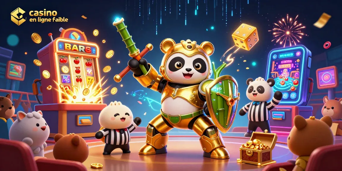 Jouez sur un casino en ligne fiable avec un panda en armure et des machines à sous éclatantes.