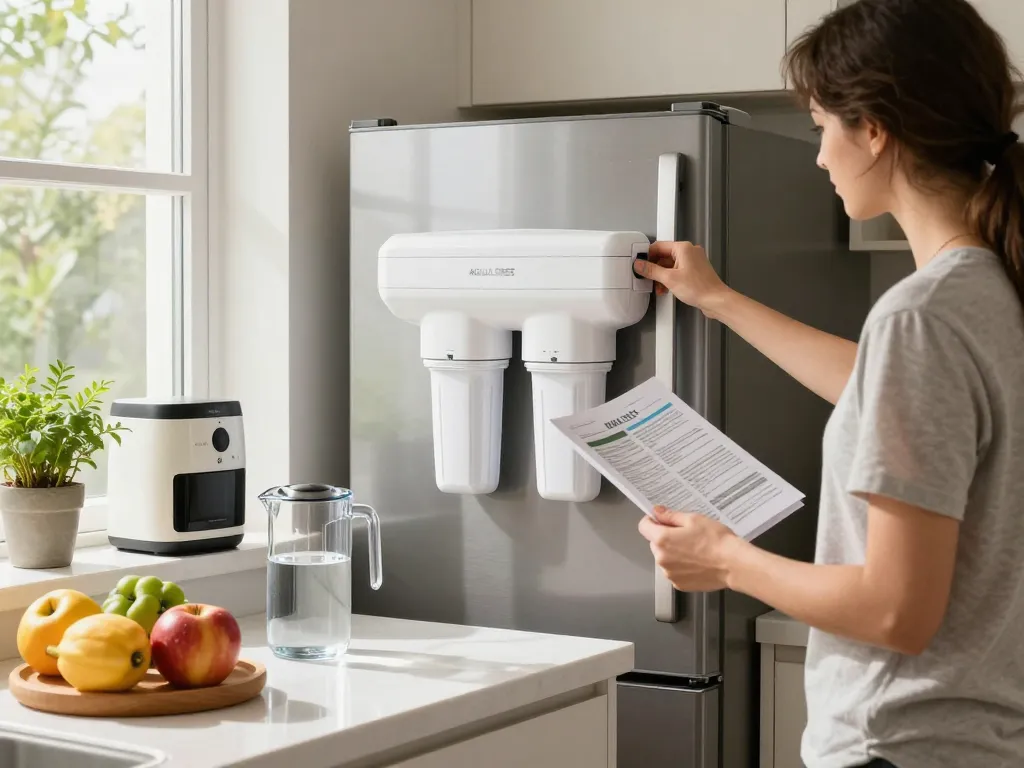 The AQUA CREST 5231JA2002A Refrigerator Water Filter being installed in a modern kitchen, showcasing healthy living.