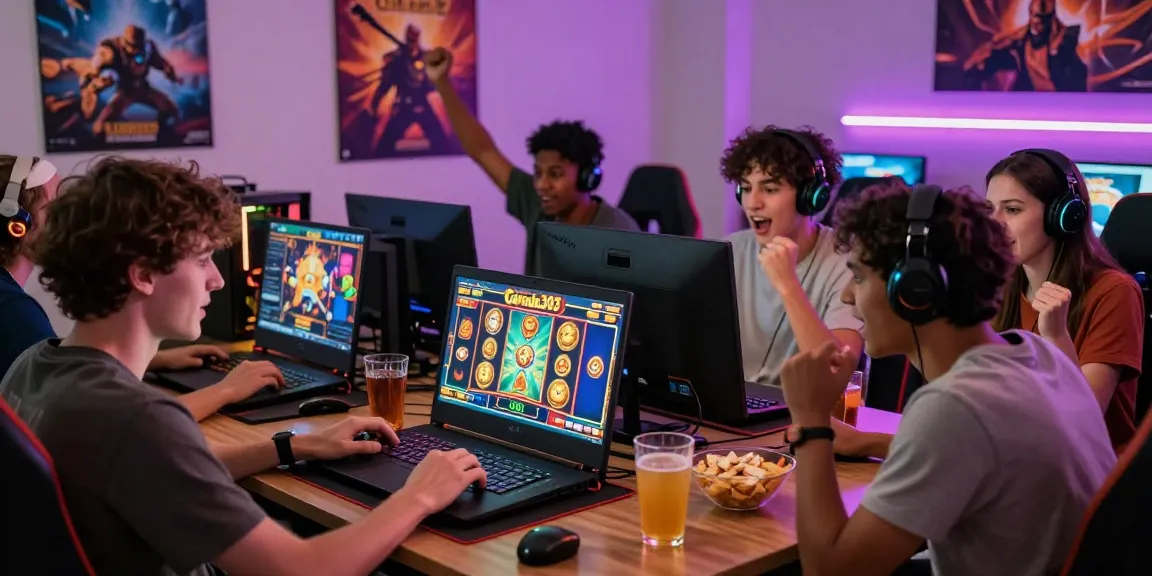 Group playing garuda303 slot games on a laptop in a vibrant gaming setup with snacks and drinks.
