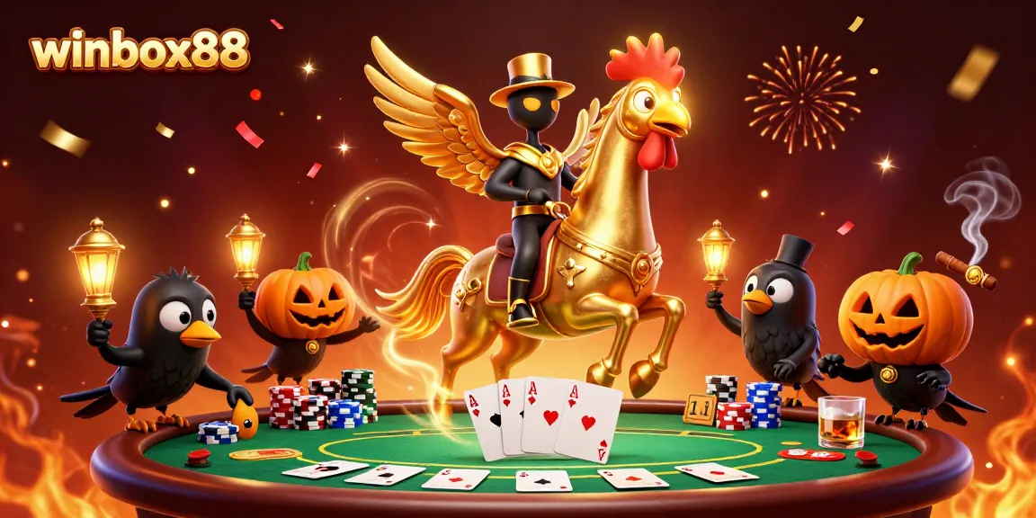 Engage with winbox88's vibrant casino scene featuring dynamic poker elements and festive characters.