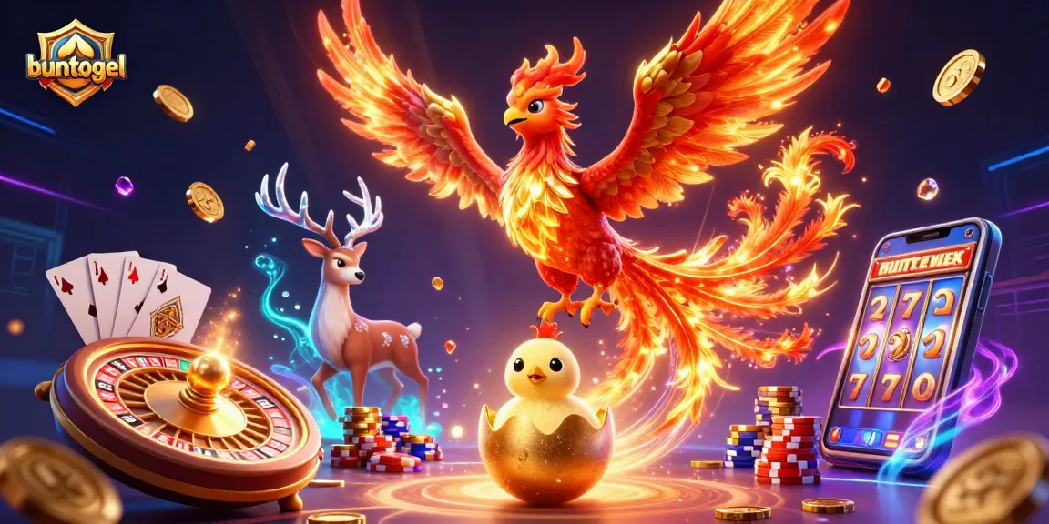 buntogel offers thrilling gaming experiences with a majestic phoenix amidst golden coins and roulette.