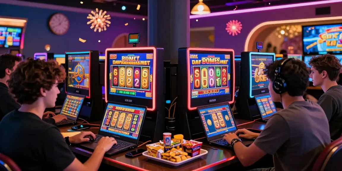 Players engaging with bonus buy slots at https://thekingarthur.co.uk/ in a lively casino atmosphere, showcasing vibrant graphics and excitement.