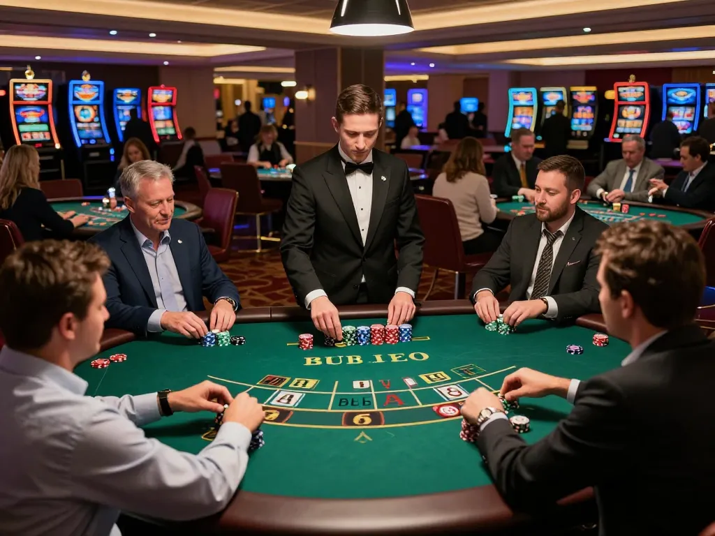 Engaged players enjoy nsfw games at a luxurious blackjack table in a vibrant casino, showcasing strategy and excitement.
