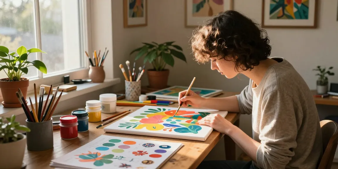 Person enjoying a paint-by-numbers project in a vibrant home art studio.