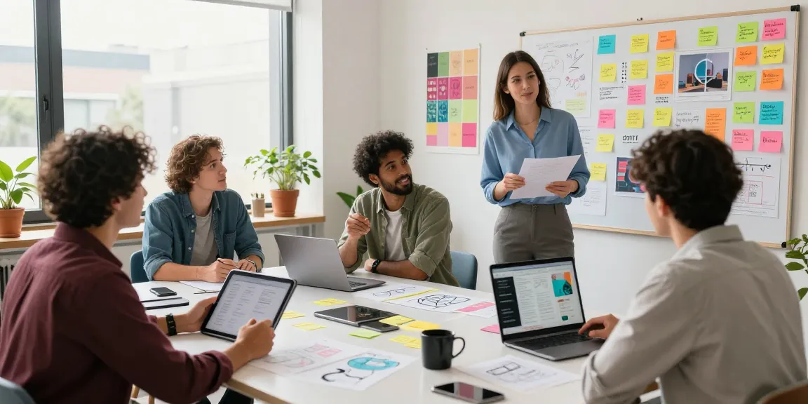 Diverse team collaborating on a mixboard for creative brainstorming in a bright workspace.