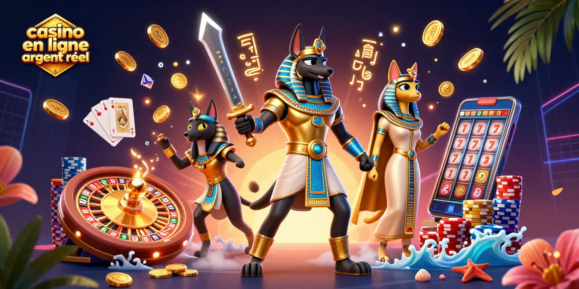 Jouer à casino en ligne argent réel avec les personnages d'Anubis et Bastet dans une scène riche en détails.