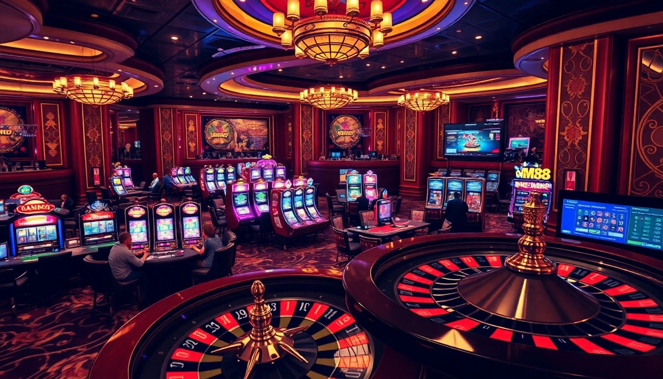 Players enjoying intense card games and slot machines at mm88's luxurious casino.