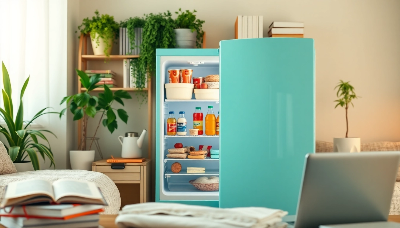 Organized dorm room fridge filled with snacks and drinks, ideal for student life.