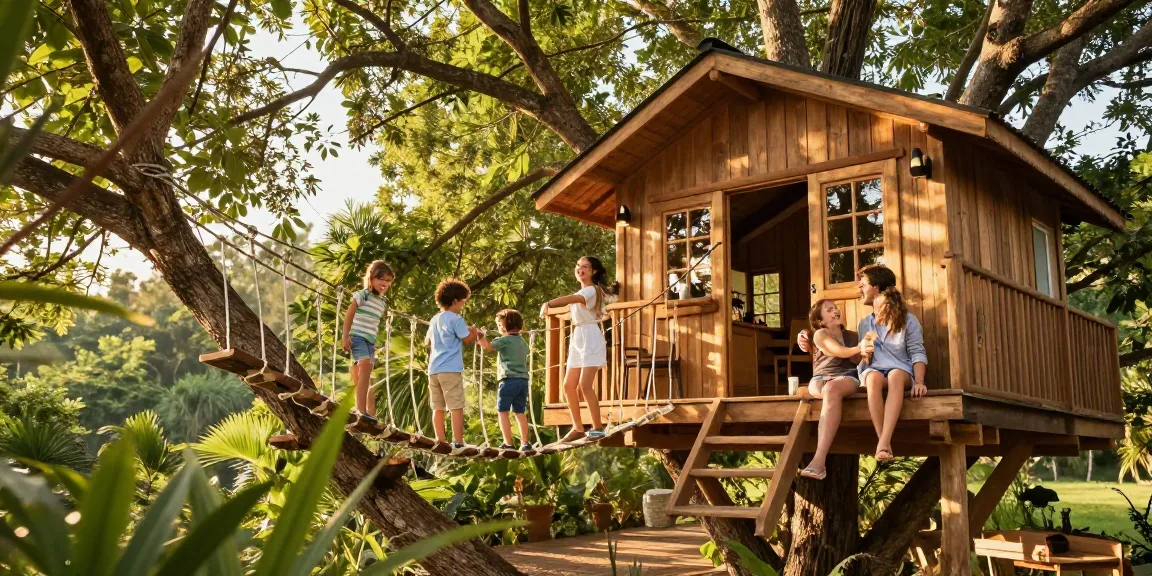 Family enjoying tree house life with children playing on a rope bridge.