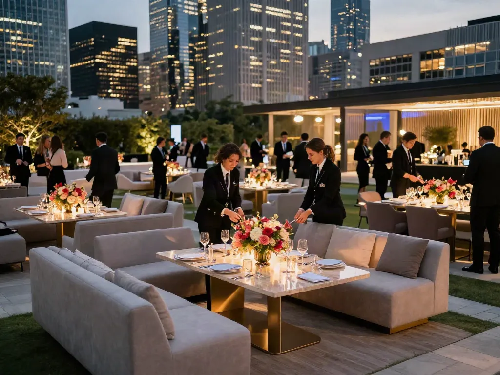 Event furniture rental for a luxurious outdoor corporate gala setting with elegant tables and lounge seating.