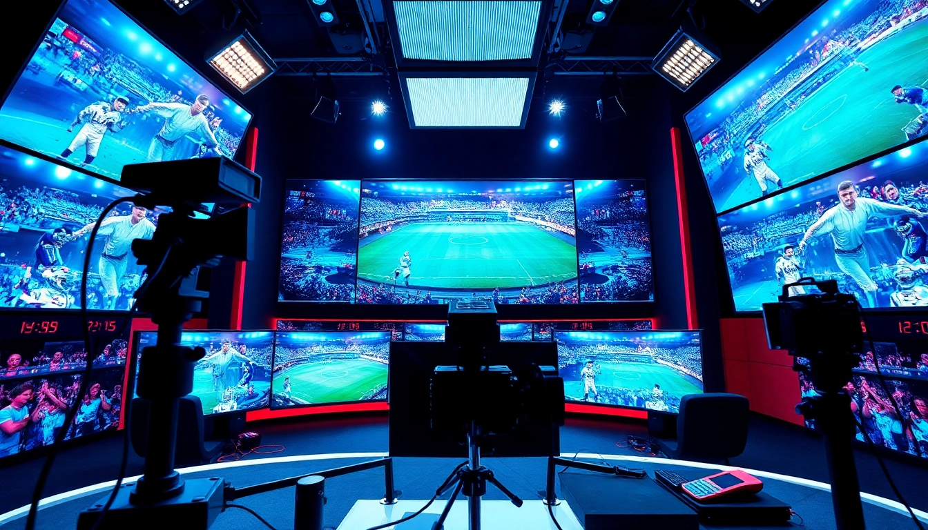 Engaging scene of sports broadcasting studio with vibrant visuals and professional setup.