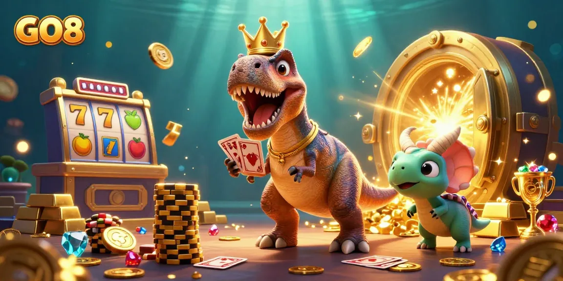 GO8 showcases a 3D T-Rex shuffling cards in a vibrant casino scene filled with treasure and slot elements.