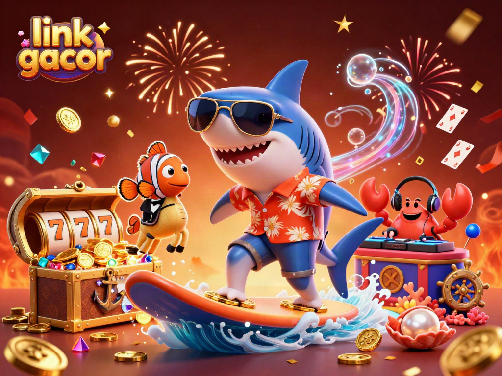 Engage with link gacor in a vibrant casino illustration featuring a shark surfing gold coins alongside playful sea creatures.
