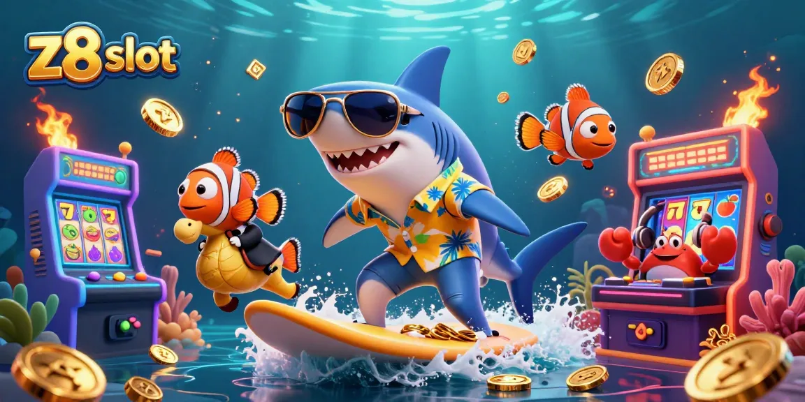 Experience z8 slot excitement with cartoon characters surfing on gold coins amid vibrant casino elements.