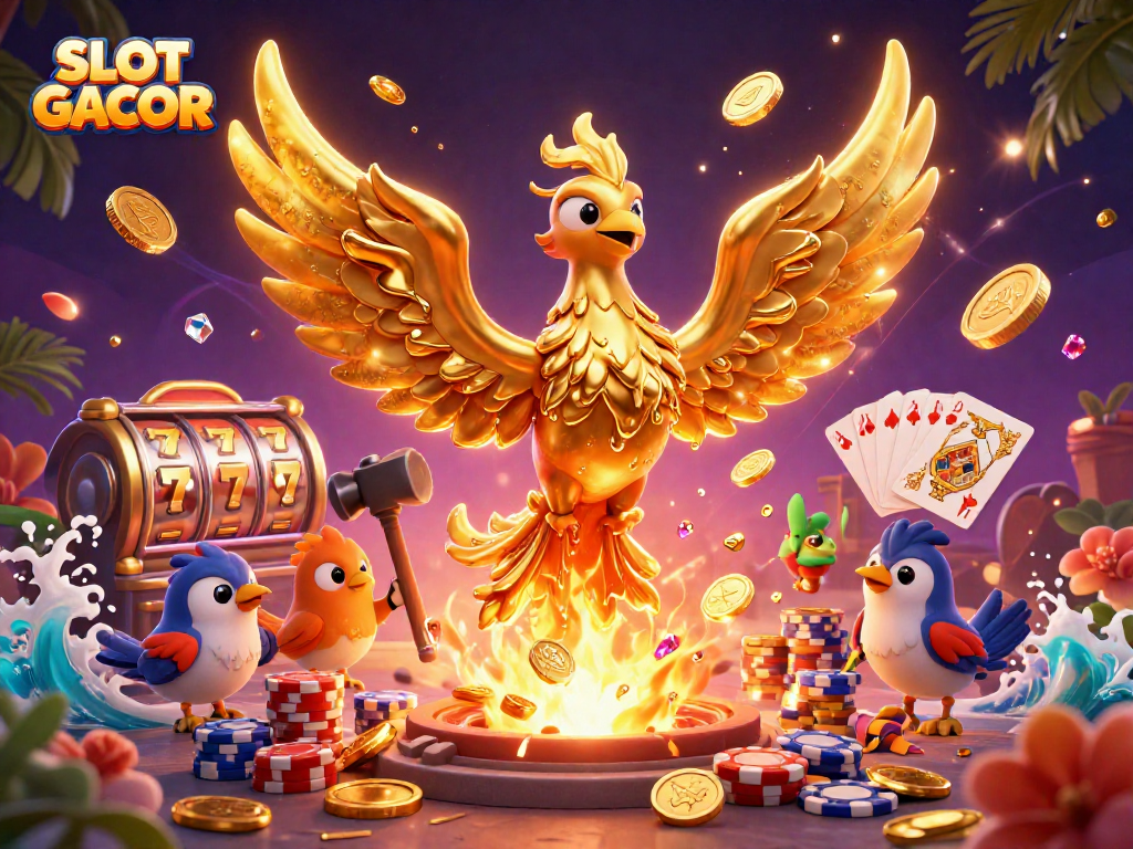 SLOT GACOR showcases a golden phoenix with molten metal wings surrounded by cascading coins and slot machine elements.