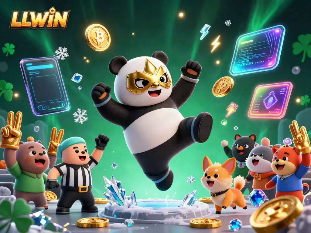 LLWIN gaming illustration with a panda wrestler kicking and animal fans cheering, featuring vibrant crypto elements.
