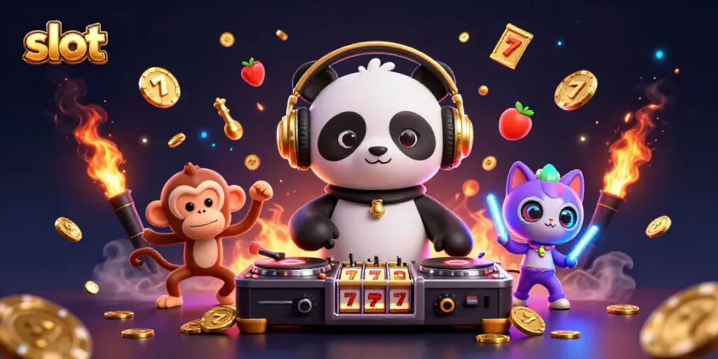 Experience the excitement of slot machines with a DJ panda and dancing monkey in a vibrant casino scene.