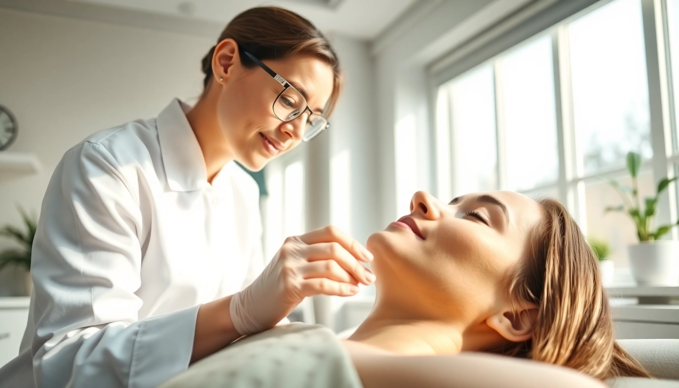 Client receiving aesthetic treatments from a professional in a calming clinic setting.