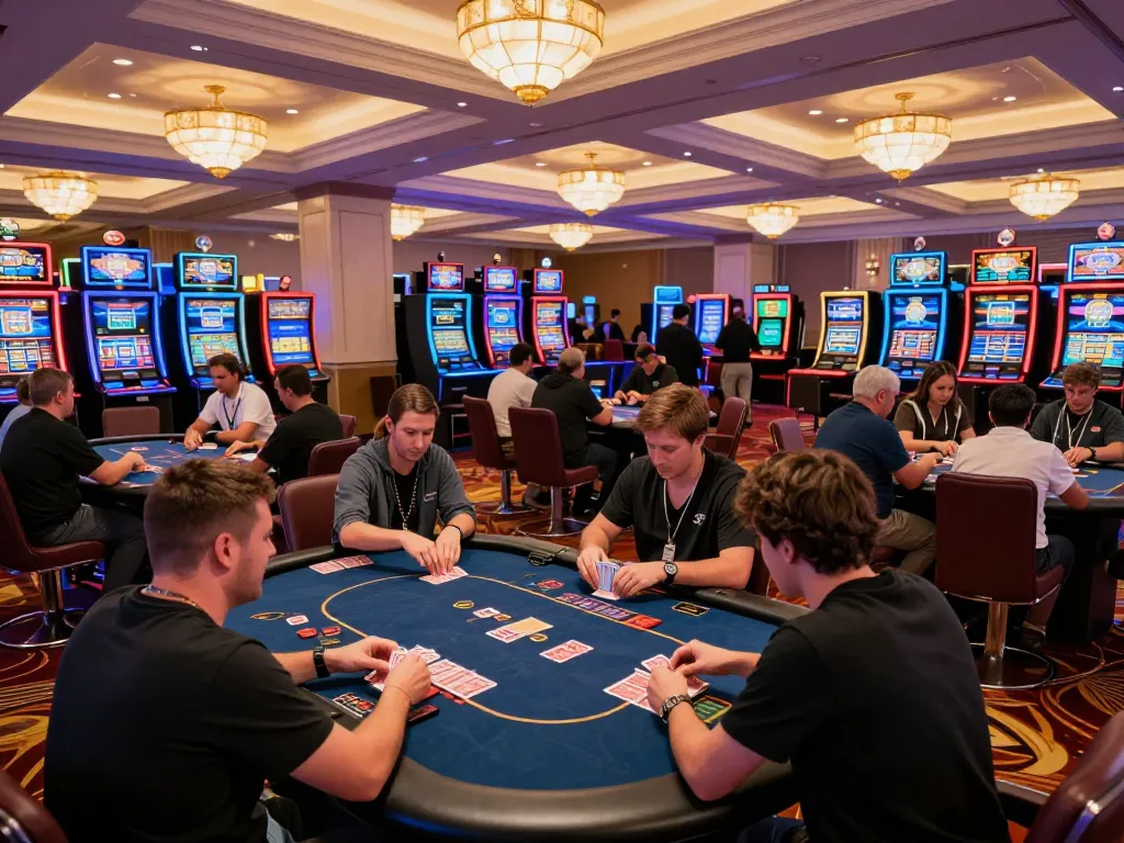 Players strategizing their moves at 888top casino, participating in exciting poker games amid elegant decor