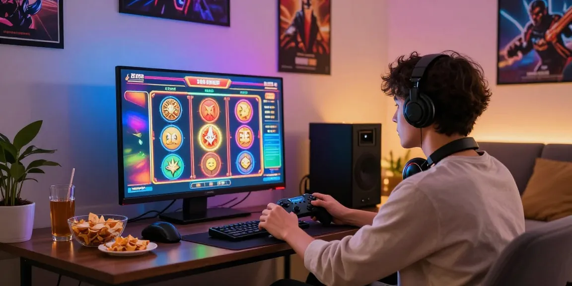 Exciting slot depo 1k gaming atmosphere with a player engaged at home.