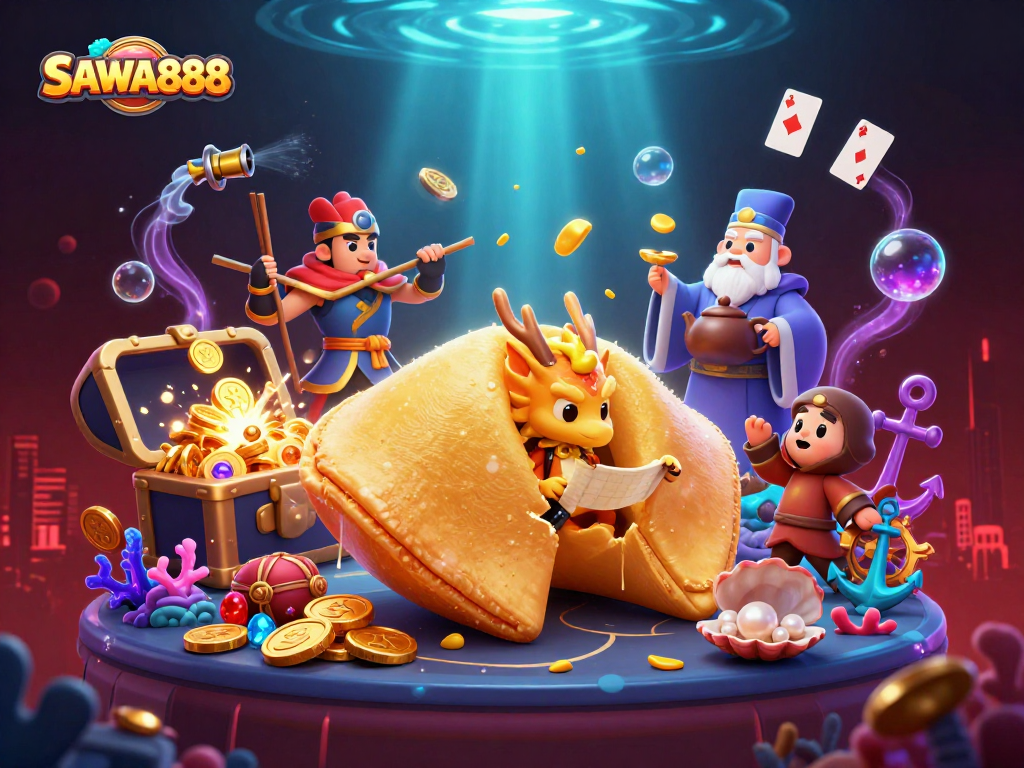 Experience SAWA888's vibrant slots universe with a golden fortune cookie and dynamic casino elements.
