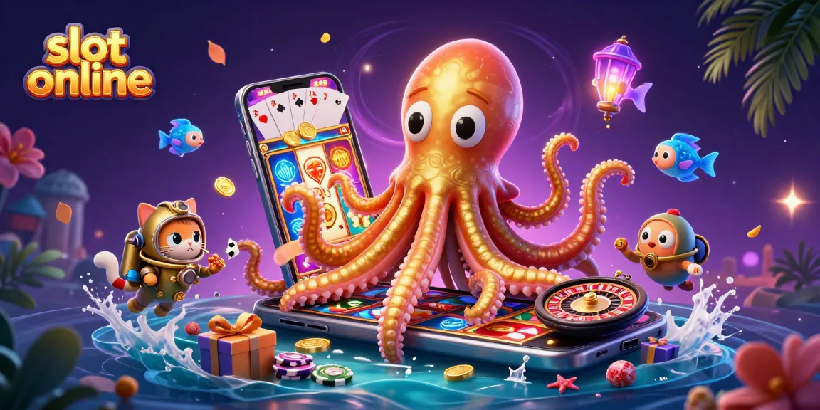 Experience slot online excitement with a kraken and diving cat amidst dazzling casino elements.
