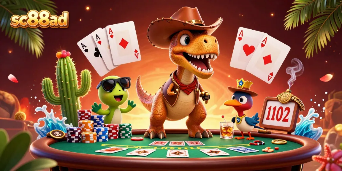 Engage with thrilling poker action at sc88ad, showcasing cartoon characters and vibrant casino elements.