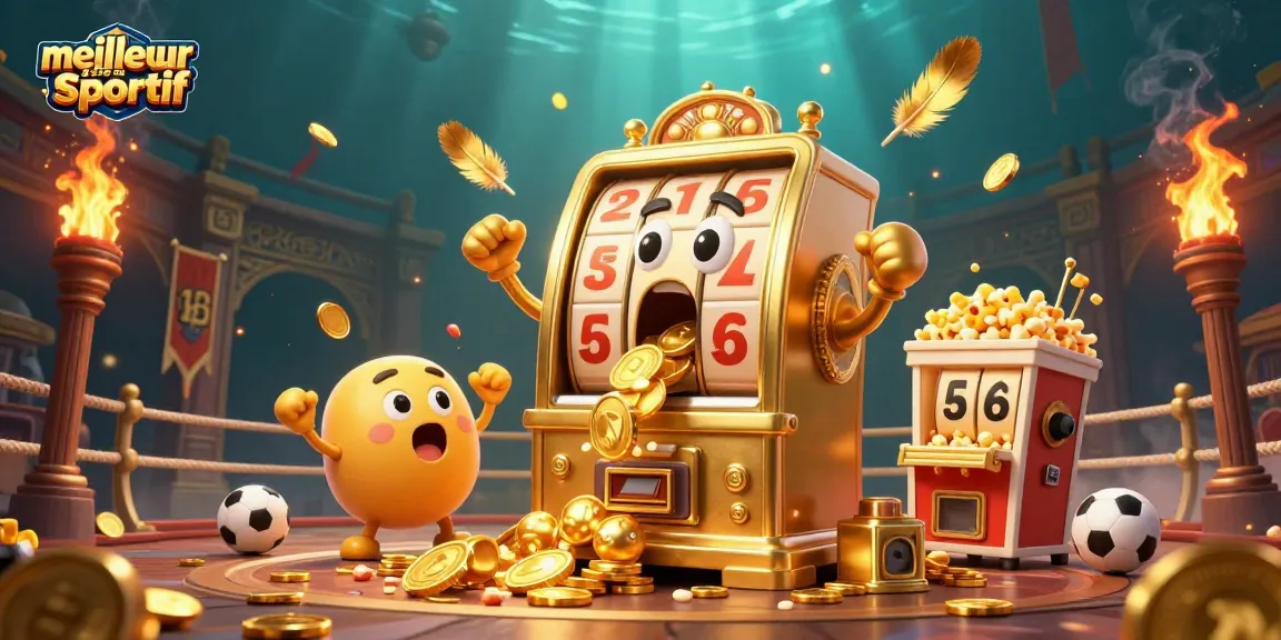 Découvrez une scène dynamique du meilleur site de pari sportif avec une machine à sous dorée surprise, des pièces d'or, et des éléments sportifs.