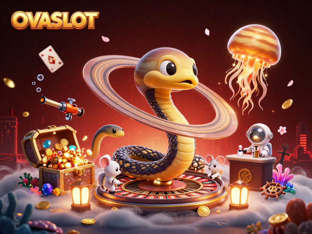 OVASLOT players engage and bet in a cosmic casino scene with unique 3D elements and vibrant colors.