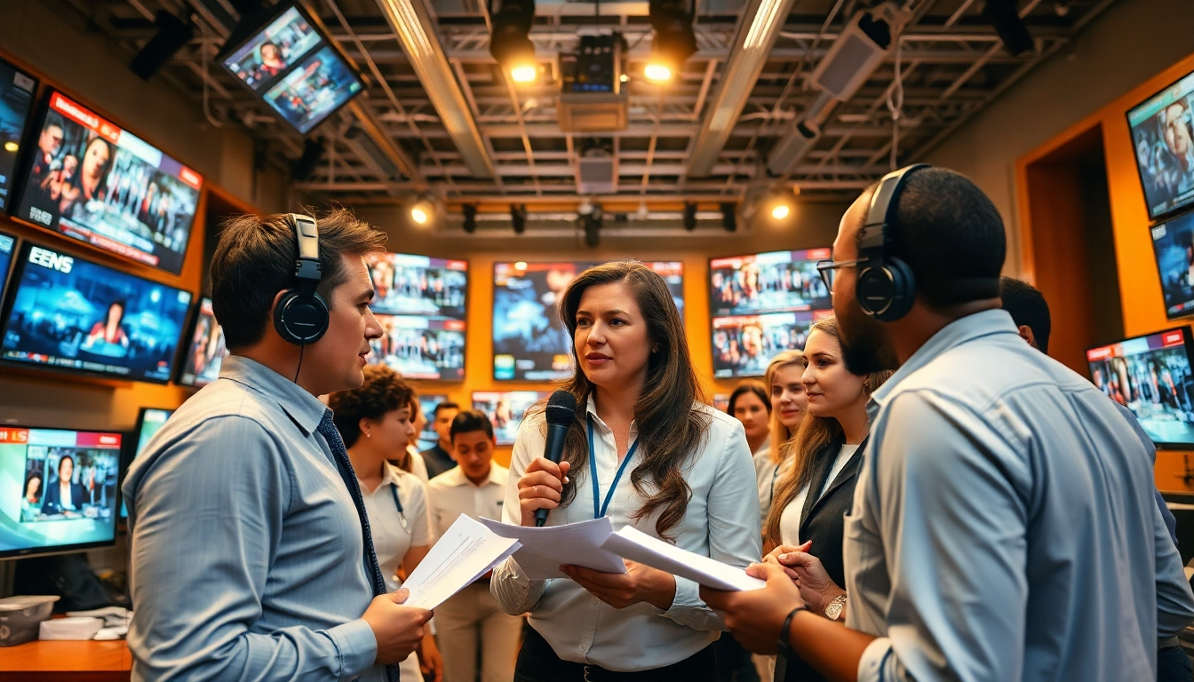 Journalist capturing breaking news in a vibrant newsroom environment.