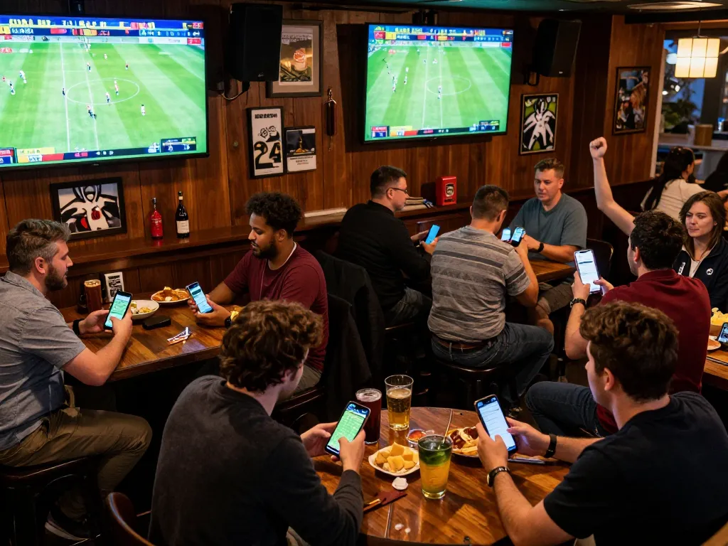 7m sports betting enthusiasts use mobile apps while watching live football matches in an energetic sports bar