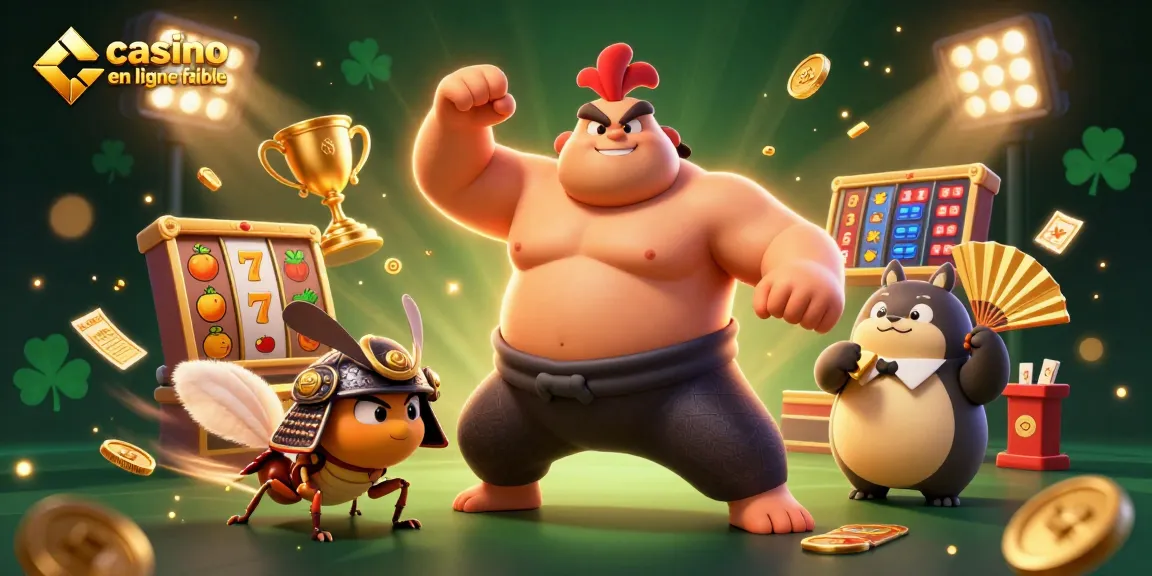 Cette illustration dynamique présente un rooster sumo dans un casino en ligne fiable, entouré d'éléments de jeux.