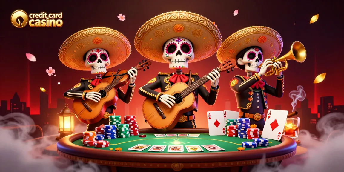 Experience the excitement of a credit card casino with vibrant mariachi musicians and dynamic poker elements.