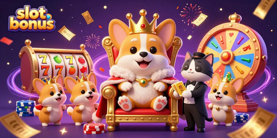 Engage with the slot bonus scene featuring a royal corgi on a throne and lively slot elements.