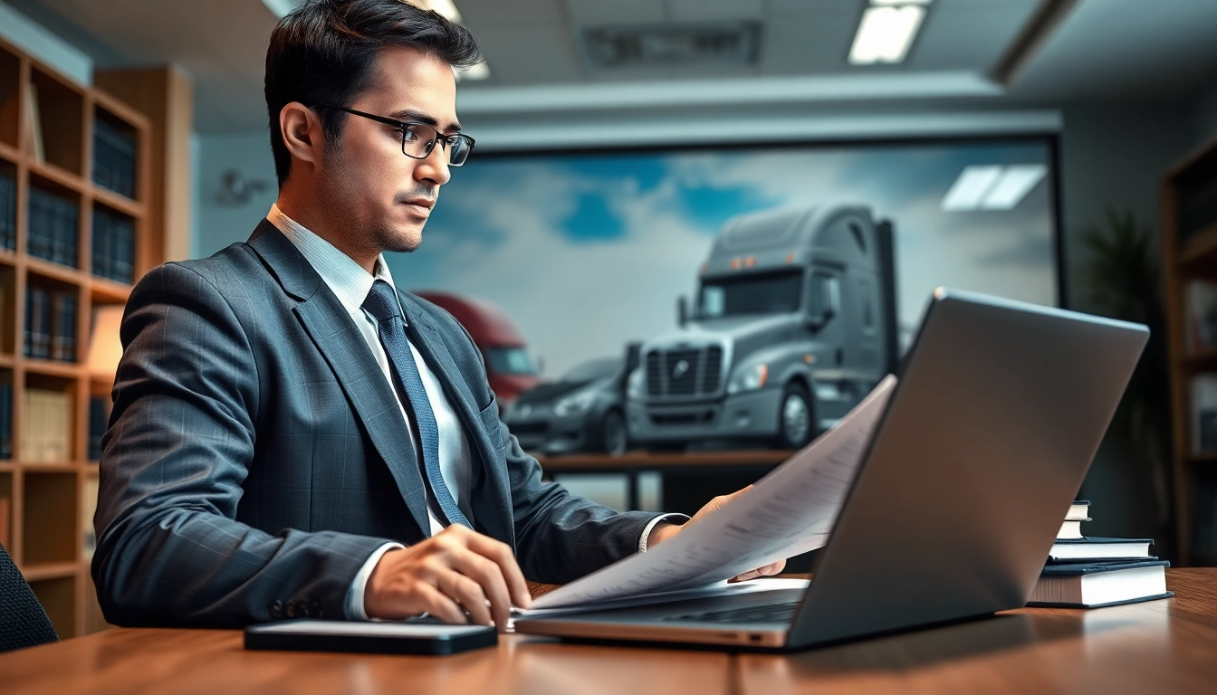 Truck accident attorney Clearwater consulting a client in a modern law office.